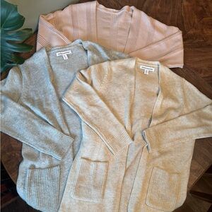 Trio of Women's Cardigan Duster Sweaters- Pink, Gray, and Beige M&L